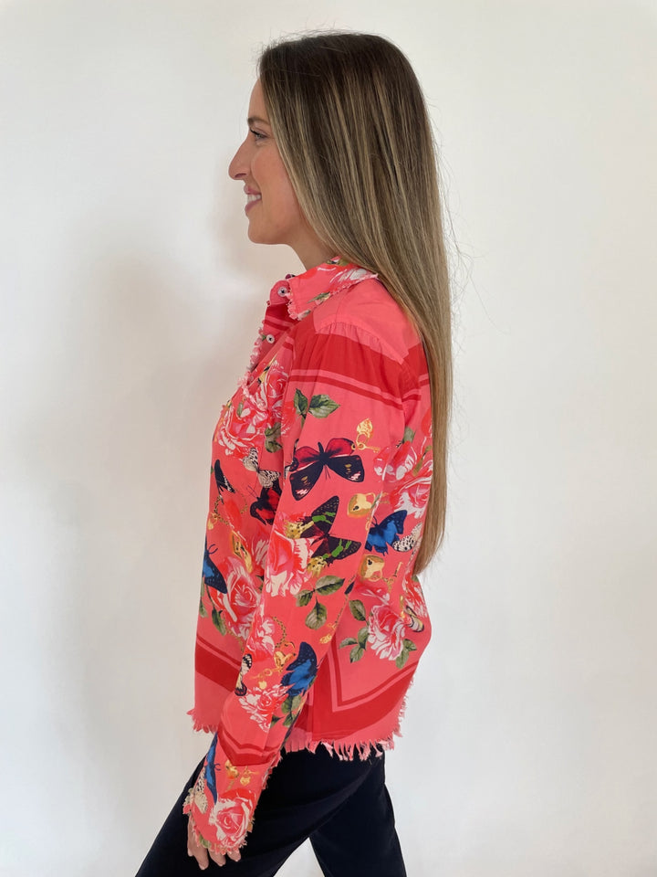 Dizzy-Lizzie Cape Cod Long Sleeve Frayed Shirt in Butterfly Print available at Barbara Katz