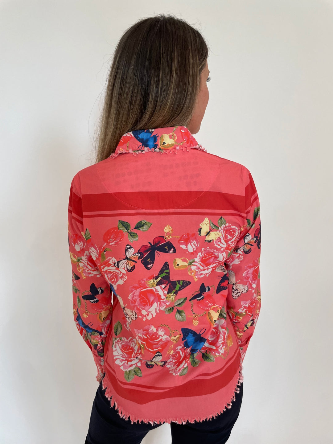 Dizzy-Lizzie Cape Cod Frayed Shirt in Butterfly Print available at Barbara Katz