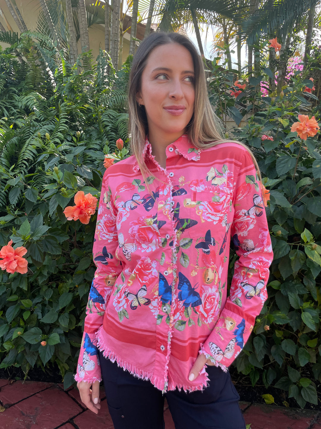 Dizzy-Lizzie Cape Cod Frayed Shirt in Butterfly Print available at Barbara Katz