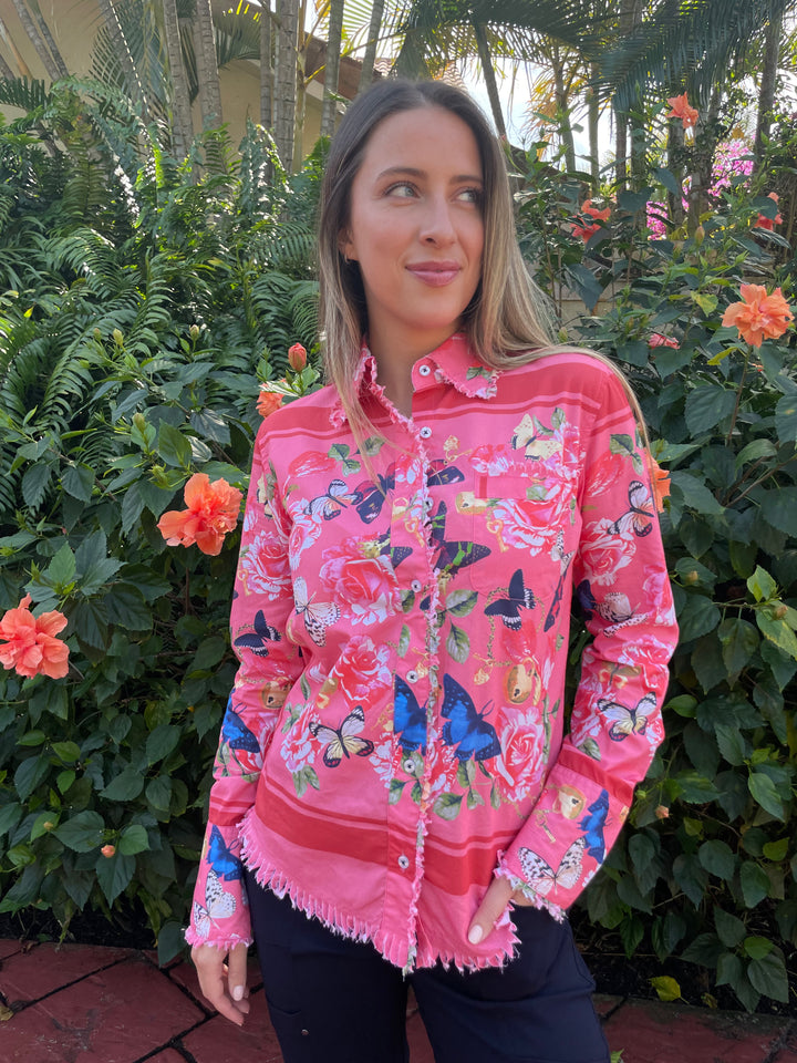 Dizzy-Lizzie Cape Cod Frayed Shirt in Butterfly Print available at Barbara Katz