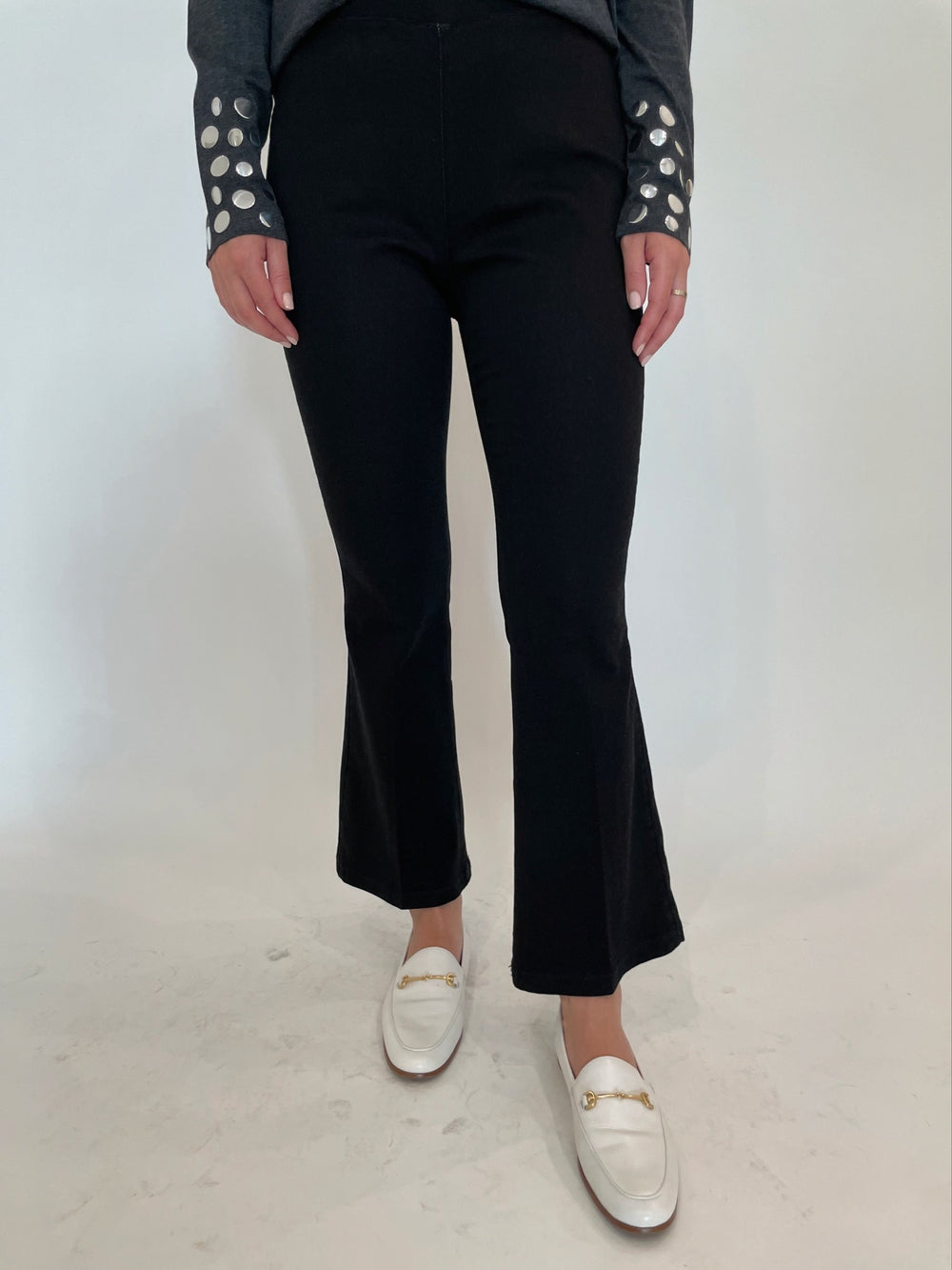 Peace of Cloth Ella Denim Ankle Flare Pants in Black available at Barbara Katz