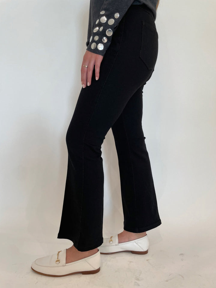 Peace of Cloth Ella Denim Ankle Flare Pants in Black available at Barbara Katz