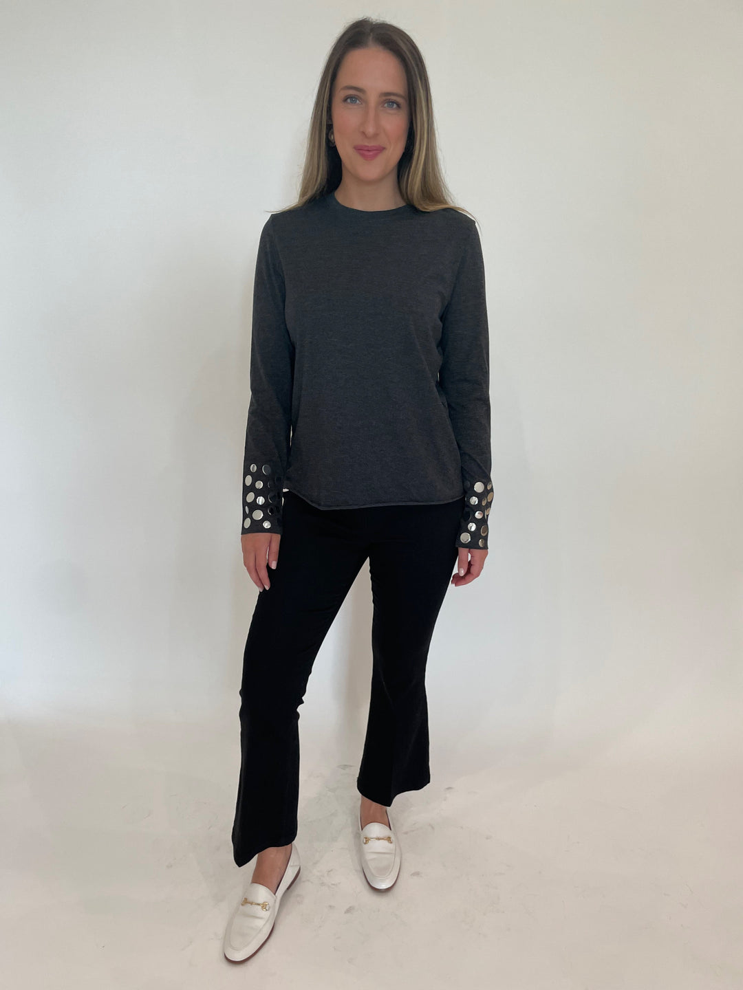 Suzy T Stud T-Shirt in Charcoal paired with Peace of Cloth Ella Denim Ankle Flare Pants in Black available at Barbara Katz