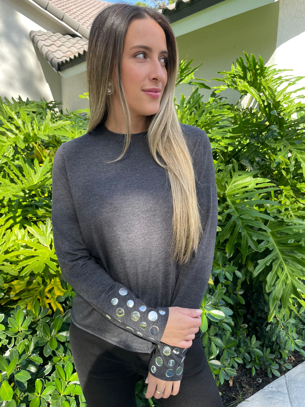 Suzy T Stud Long Sleeve Tee in Charcoal available at Barbara Katz