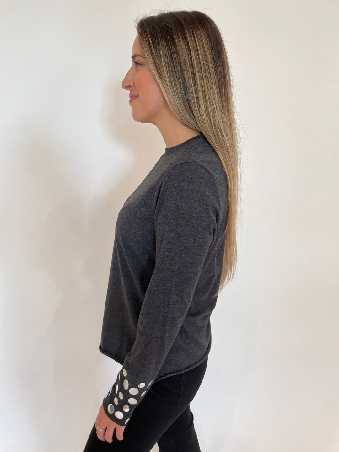 Suzy T Stud Long Sleeve T-Shirt in Charcoal available at Barbara Katz