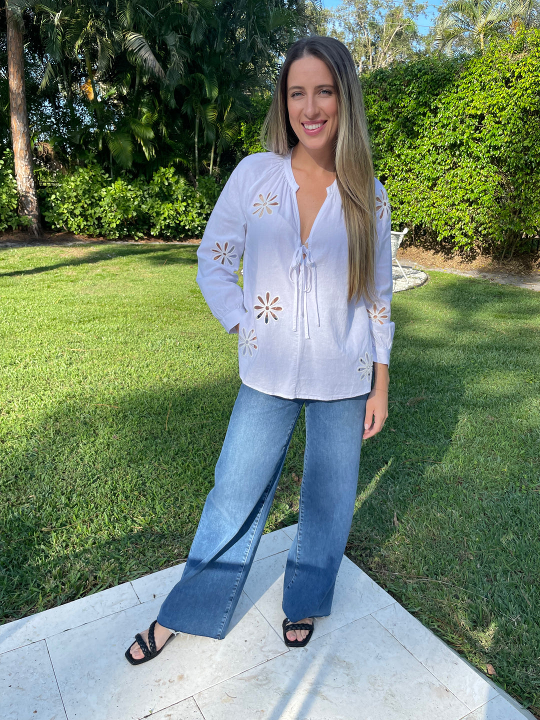 Rails Brielle Blouse in White Eyelet paired with Frame Le Slim Palazzo Raw Fray Jeans in Mermaid available at Barbara Katz