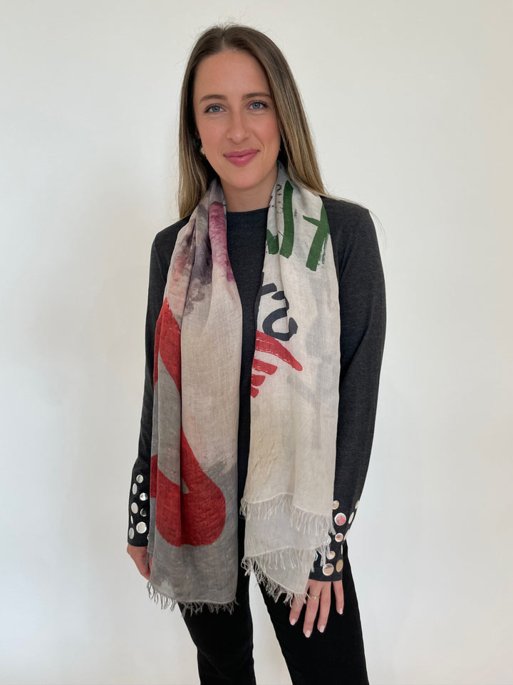 Suzy T Stud Long Sleeve Tee in Charcoal with Suzi Roher Resort 2024 Cristina Scarf in Love You Always print available at Barbara Katz