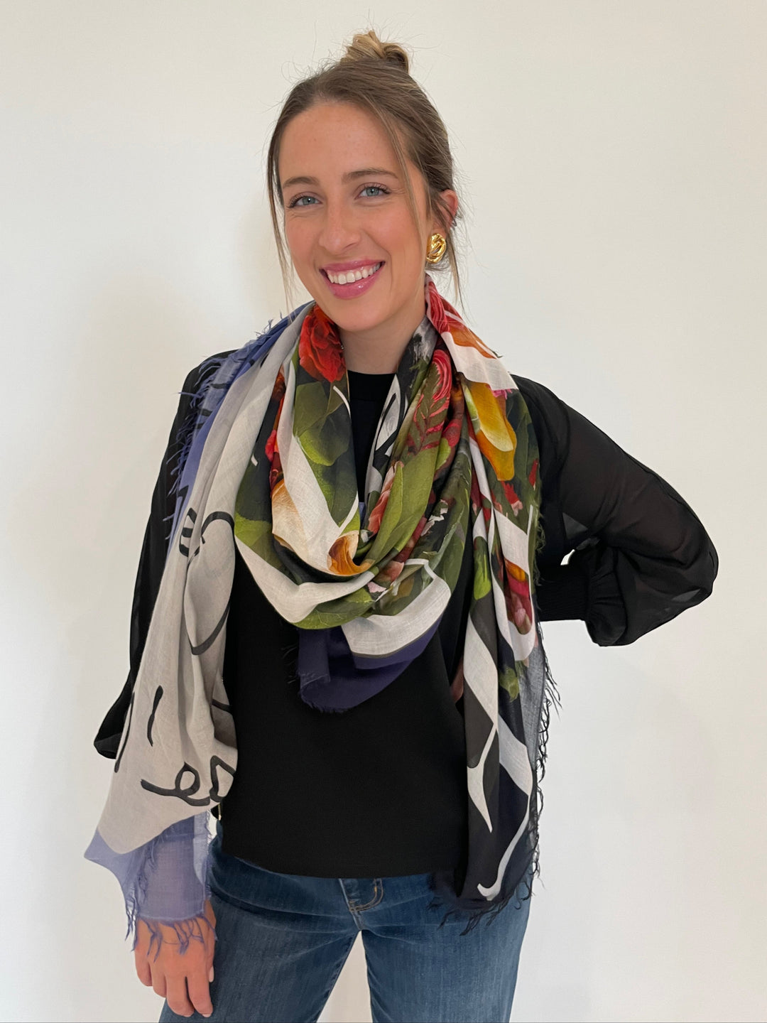 Marella Sorona Jacket in Black with Suzi Roher Resort 2024 Cristina Scarf in Bizzare Art print available at Barbara Katz