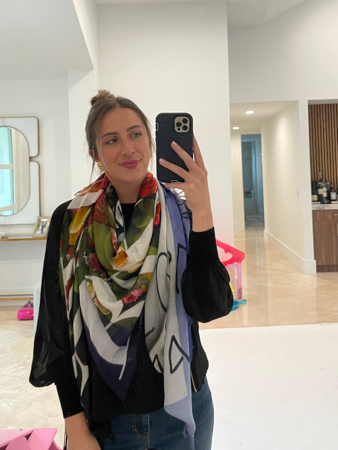 Marella Sorona Jacket in Black with Resort 2024 Suzi Roher Cristina Scarf in Bizarre Art print available at Barbara Katz