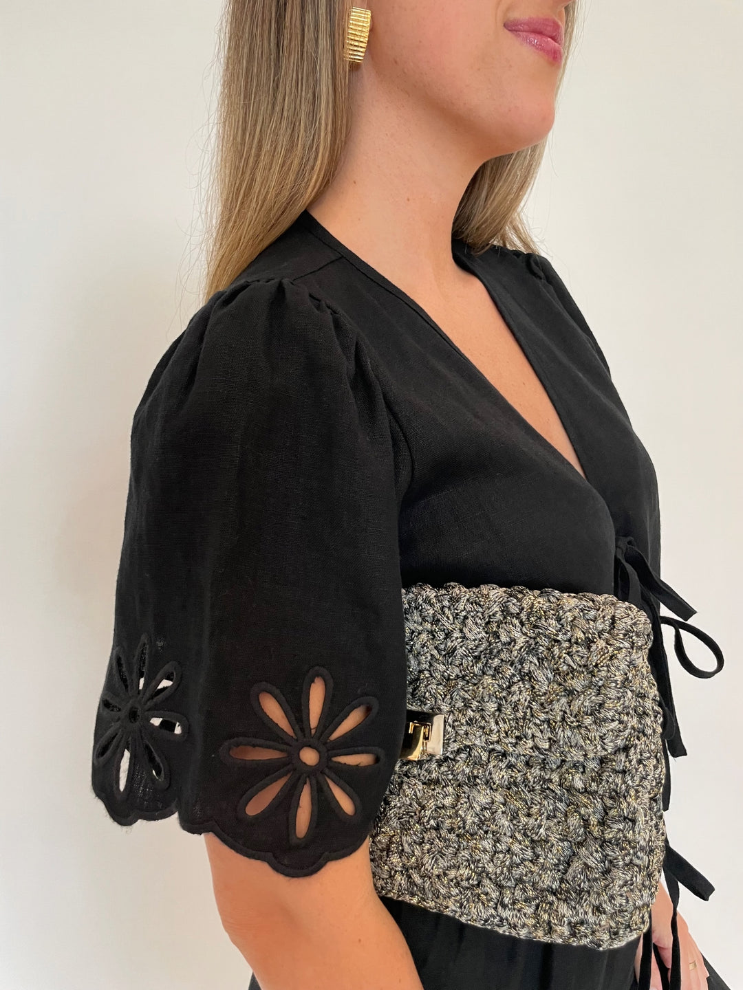 Rails Pari Blouse in Black Eyelet with Lorenza Gandaglia Bagatelle Lurex Bag in Camouflage Combo, Ben Amun Gold Ribbed Clip-On Earrings available at Barbara Katz