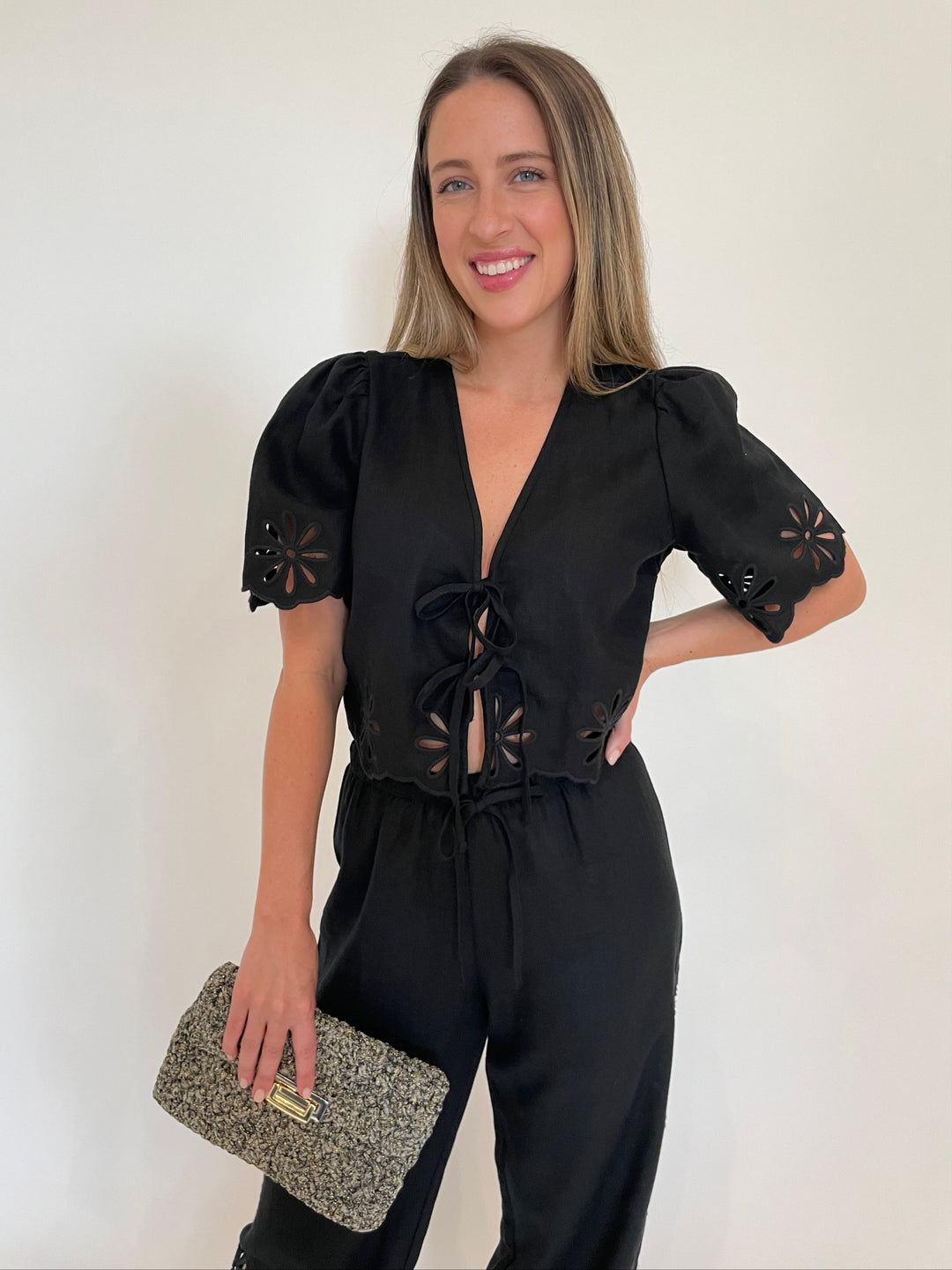 Rails Pari Blouse in Black Eyelet paired with matching Emmie Pants, Lorenza Gandaglia Bagatelle Lurex Bag in Camouflage Combo available at Barbara Katz