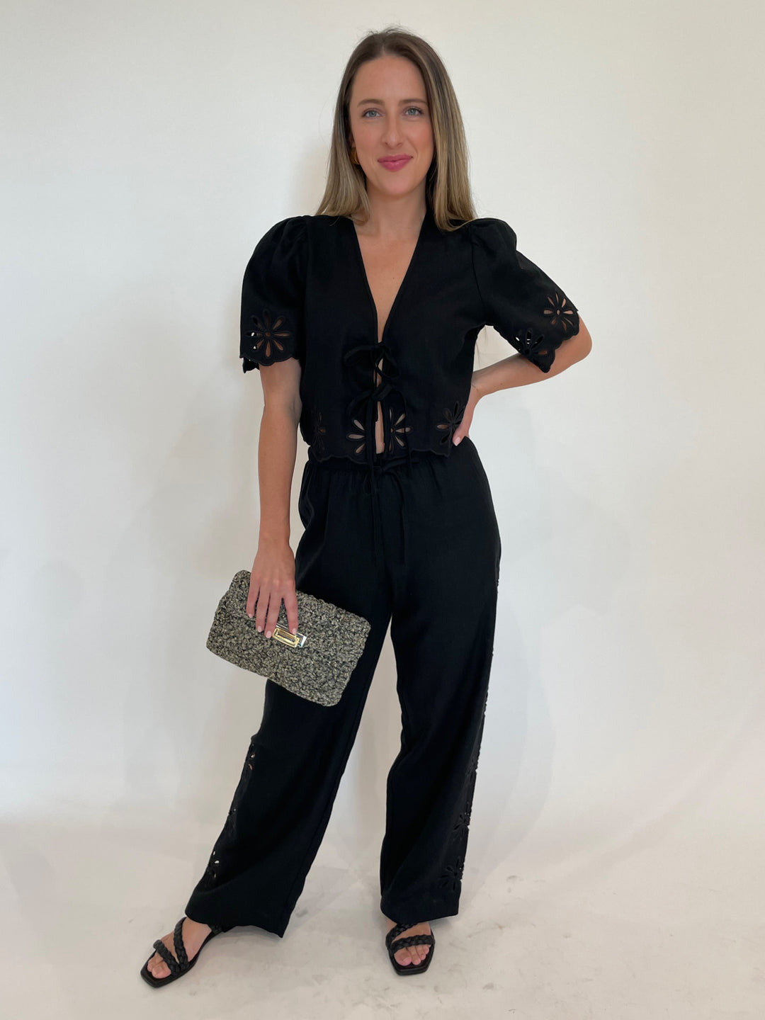 Rails Pari Blouse in Black Eyelet paired with matching Emmie Pants, Lorenza Gandaglia Bagatelle Lurex Bag in Camouflage Combo available at Barbara Katz