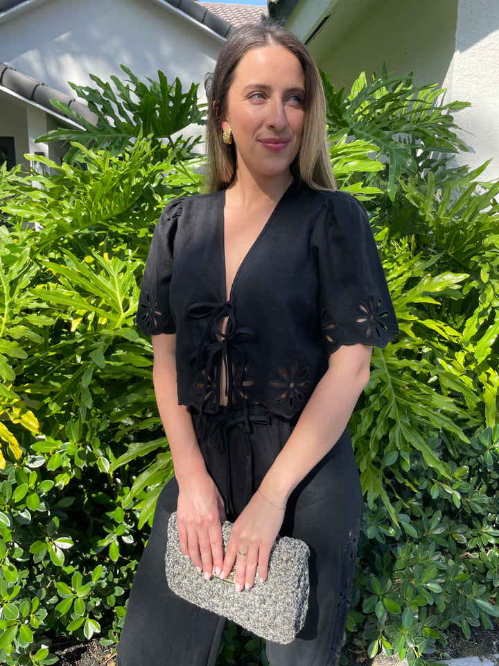 Rails Pari Blouse in Black Eyelet paired with matching Emmie Pants, Lorenza Gandaglia Bagatelle Lurex Bag in Camouflage Combo, Ben Amun Ribbed Clip-On Earrings in Gold available at Barbara Katz