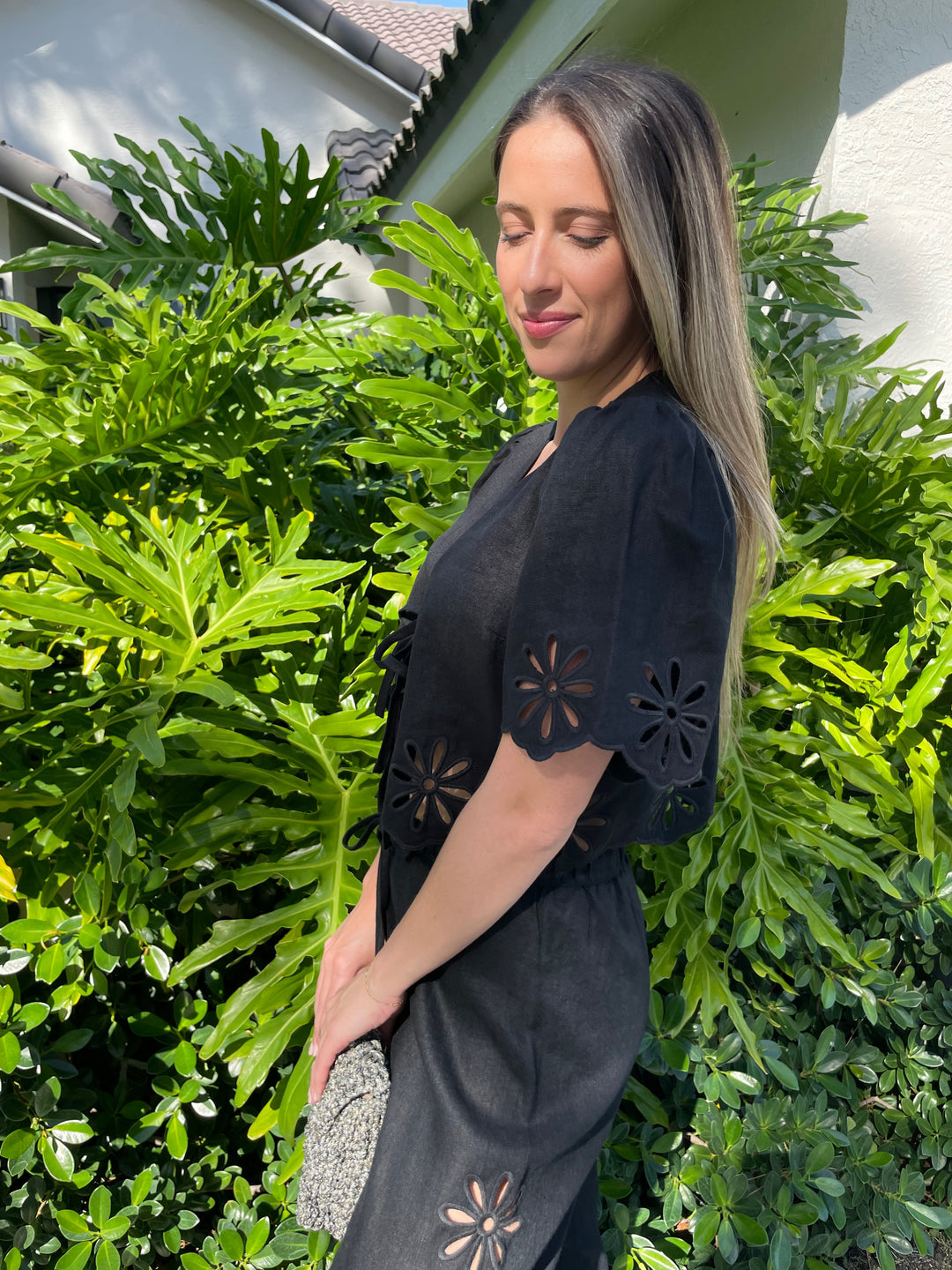 Rails Pari Blouse in Black Eyelet paired with matching Rails Emmie Pants, Lorenza Gandaglia Bagatelle Lurex Bag in Camouflage Combo available at Barbara Katz