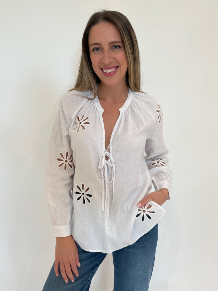 Rails Brielle Blouse in White Eyelet paired with Frame Le Slim Palazzo Raw Fray Jeans in Mermaid available at Barbara Katz