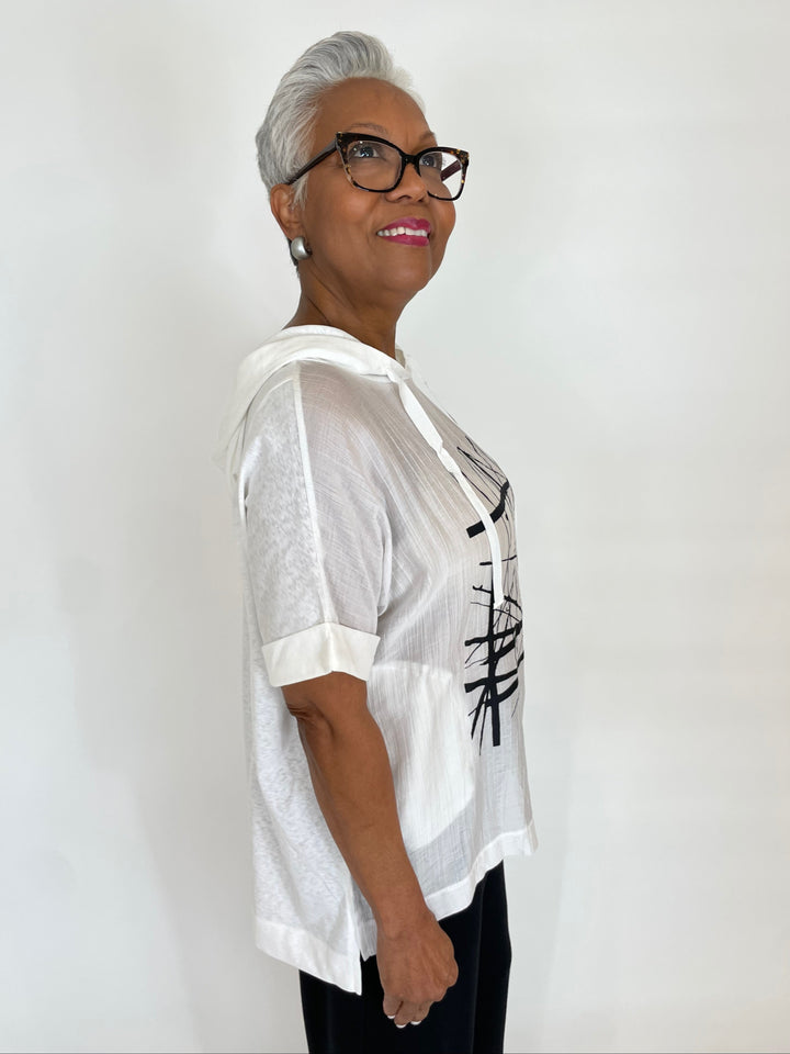 Terra Roxana Short Sleeve Hoodie With Center Graphic in White available at Barbara Katz