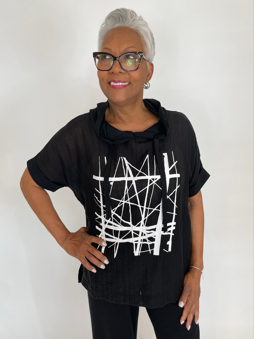 Terra Roxana Hoodie With Center Graphic in Black available at Barbara Katz