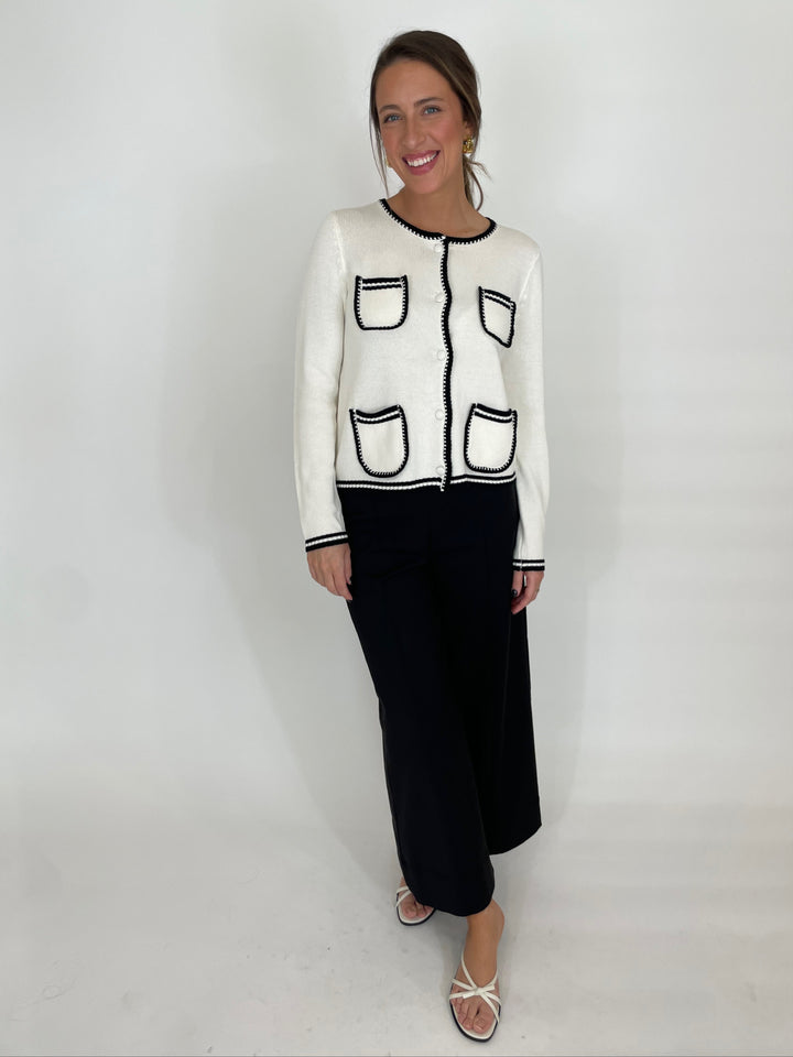 BK Shannon 4-Pocket Cardigan in Ivory/Black paired with Simkhai Kallin Cropped Wide Leg Pants in Black available at Barbara Katz