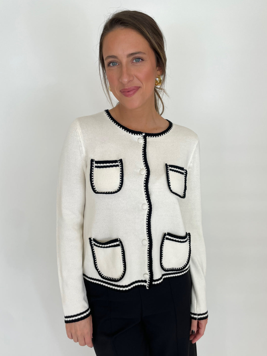 BK Shannon 4-Pocket Cardigan in Ivory/Black available at Barbara Katz