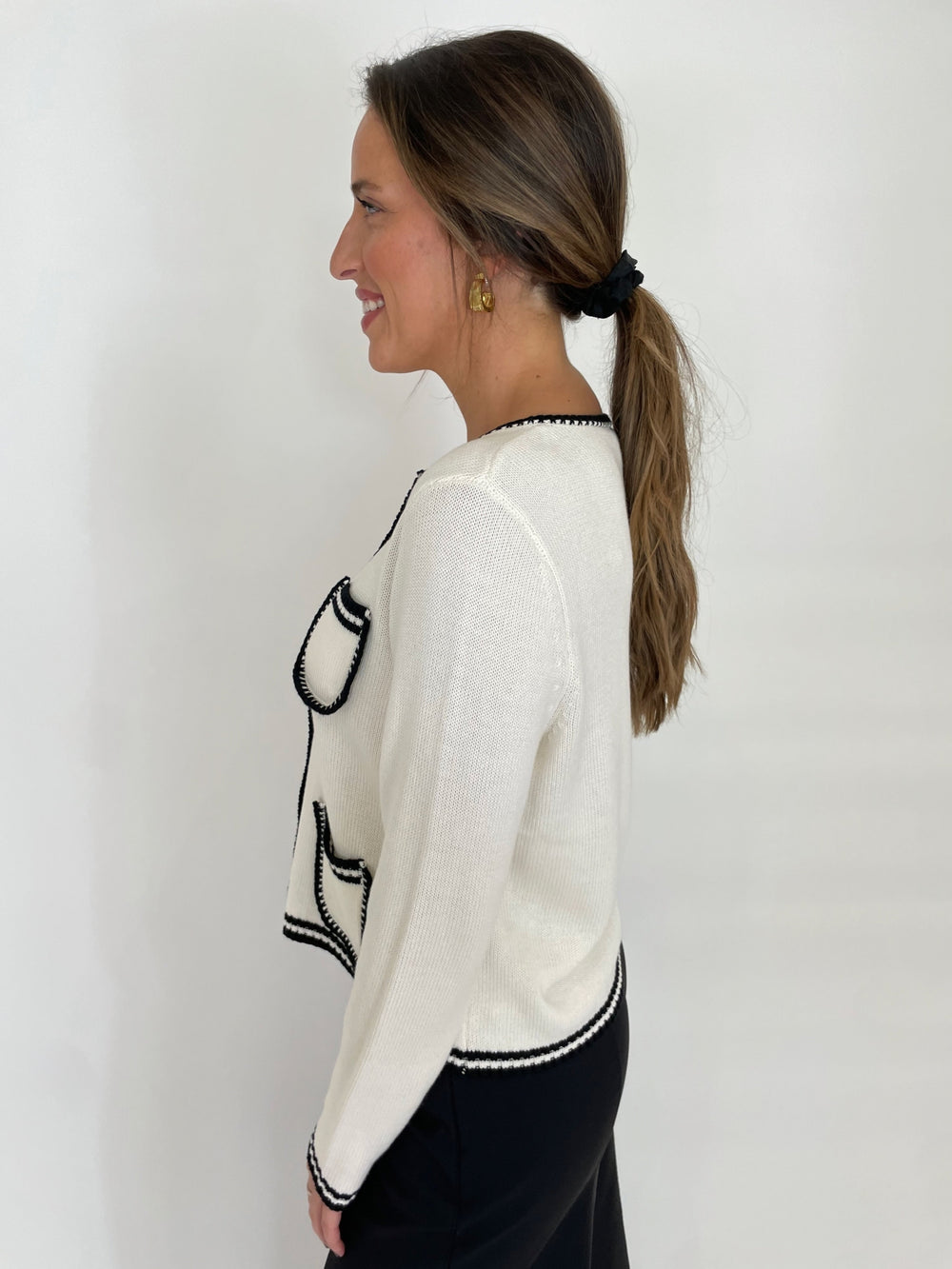 BK Shannon 4-Pocket Long Sleeve Cardigan in Ivory/Black available at Barbara Katz