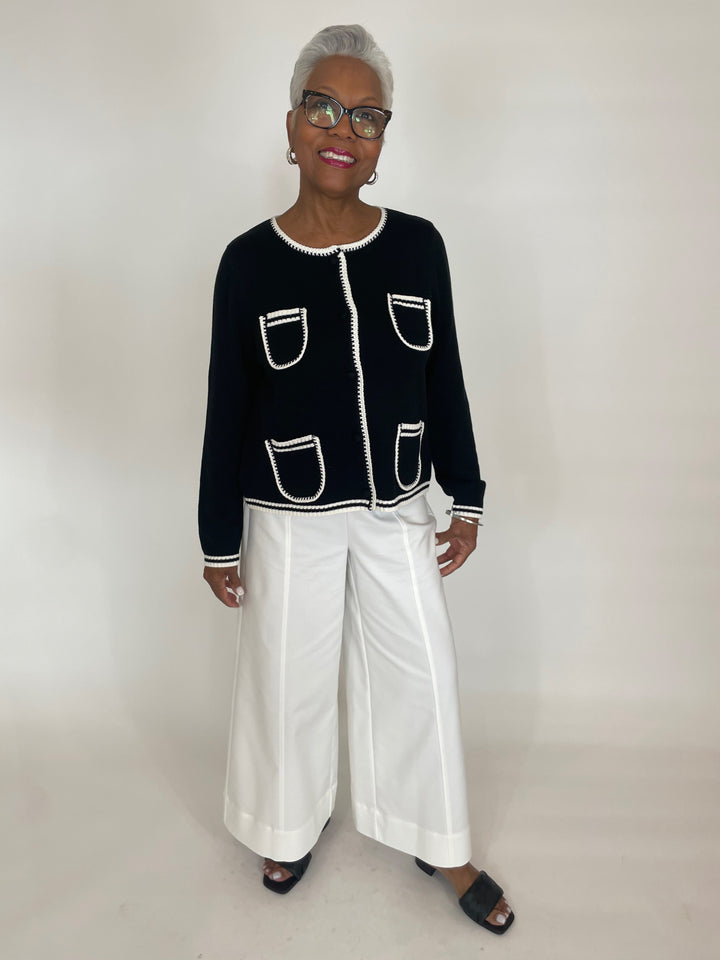 BK Shannon 4-Pocket Cardigan in Black/Ivory paired with Simkhai Kallin Cropped Wide Leg Pants in White available at Barbara Katz