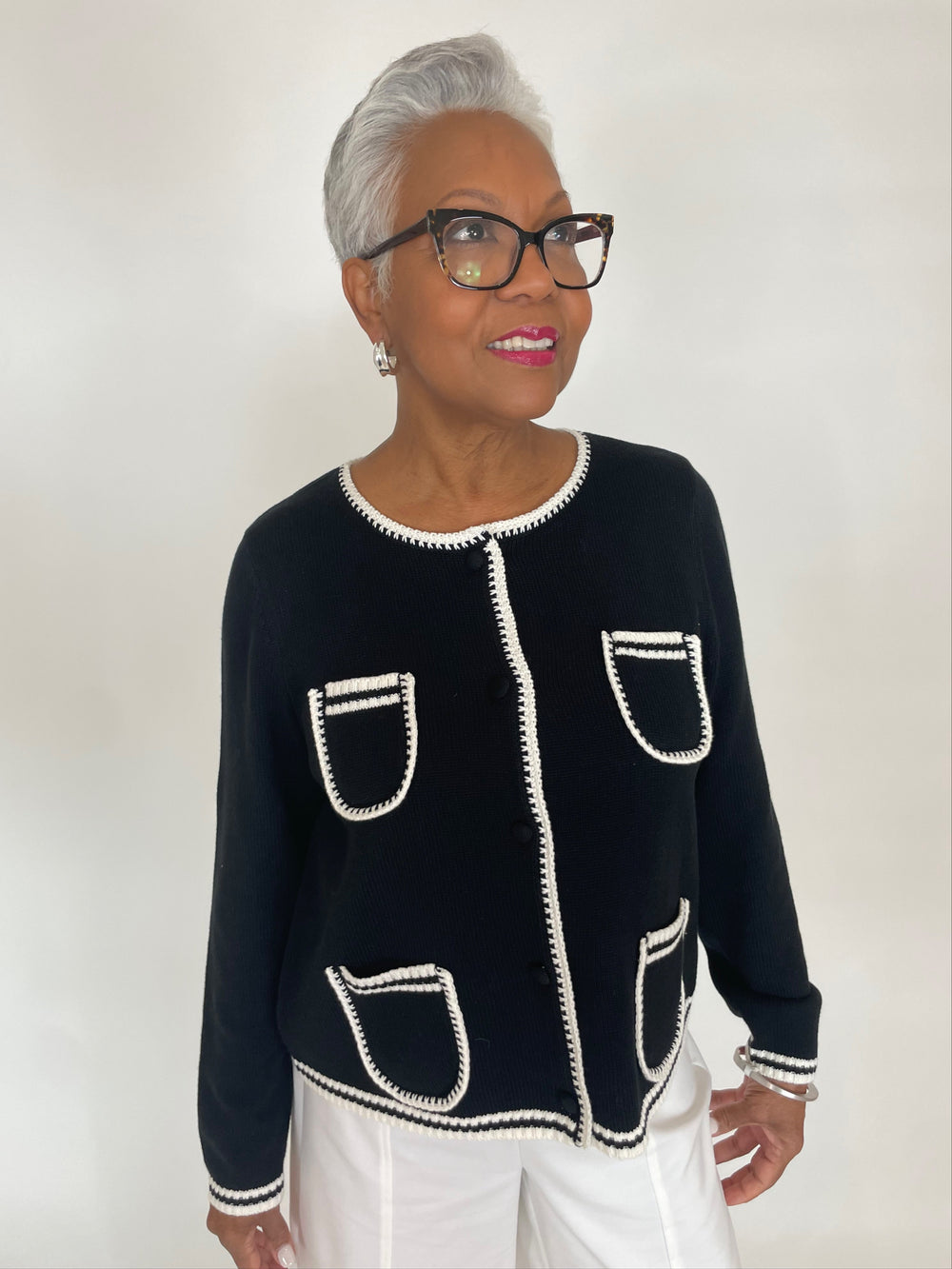 BK Shannon 4-Pocket Cardigan in Black/Ivory available at Barbara Katz