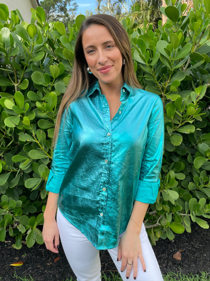 Lanhtropy San Marino Metallic Linen Button-Down Shirt in Turquoise available at Barbara Katz