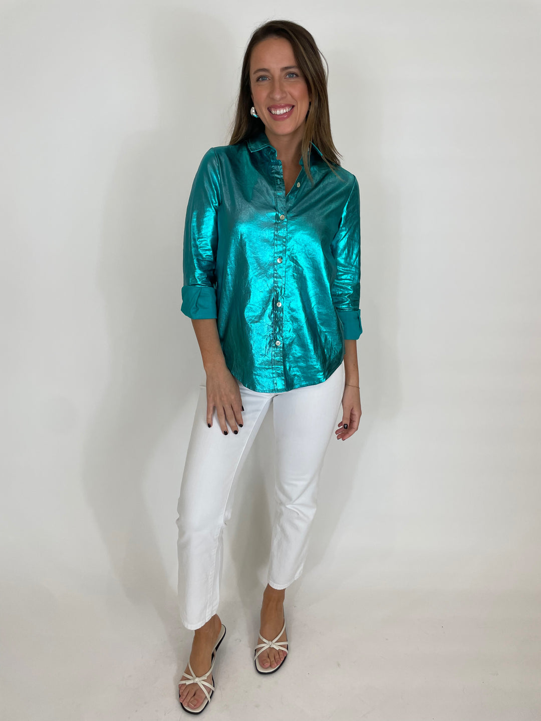 Lanhtropy San Marino Metallic Linen Shirt in Turquoise paired with White Jeans available at Barbara Katz