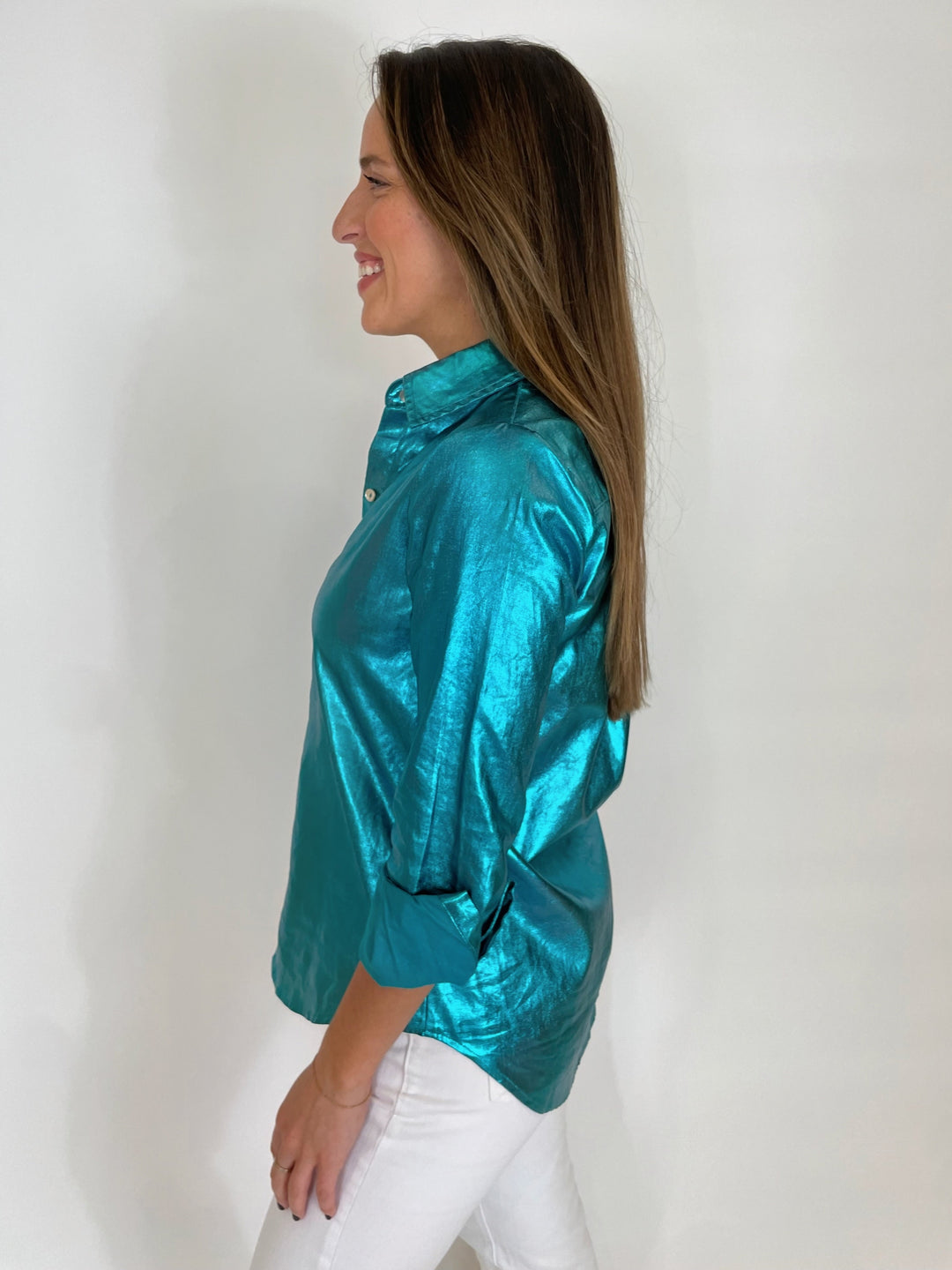 Lanhtropy San Marino Metallic Linen Long Sleeve Shirt in Turquoise available at Barbara Katz