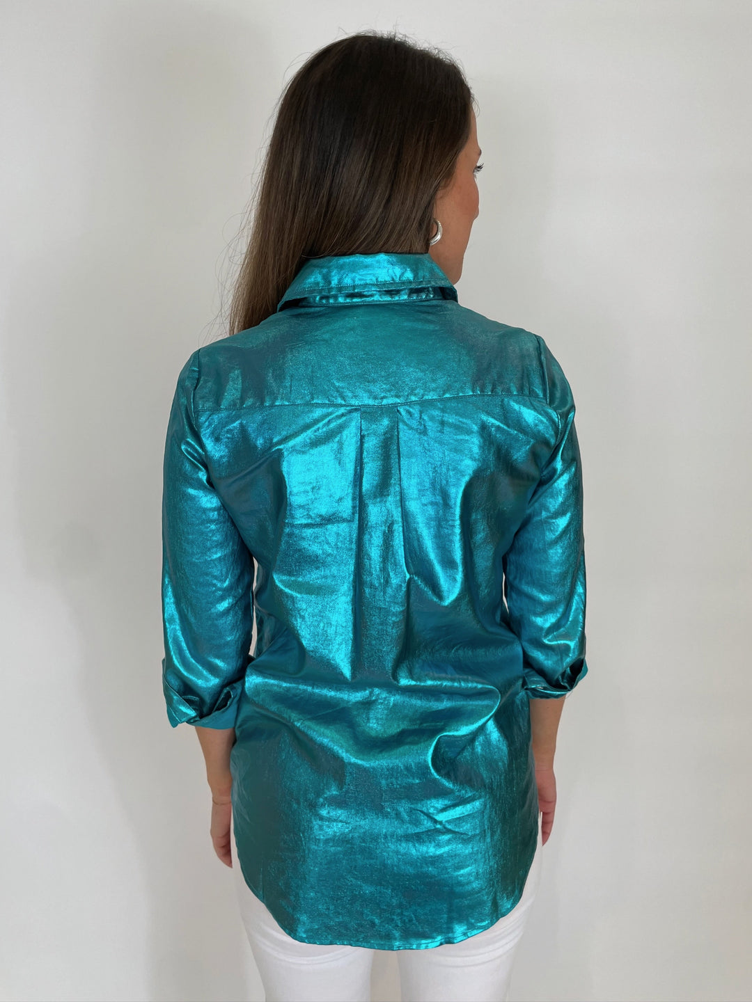 Lanhtropy San Marino Metallic Linen Shirt in Turquoise available at Barbara Katz