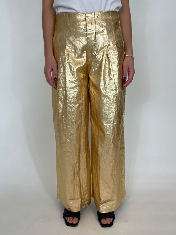 Lanhtropy Foiled Linen Culotte Pants in Gold available at Barbara Katz