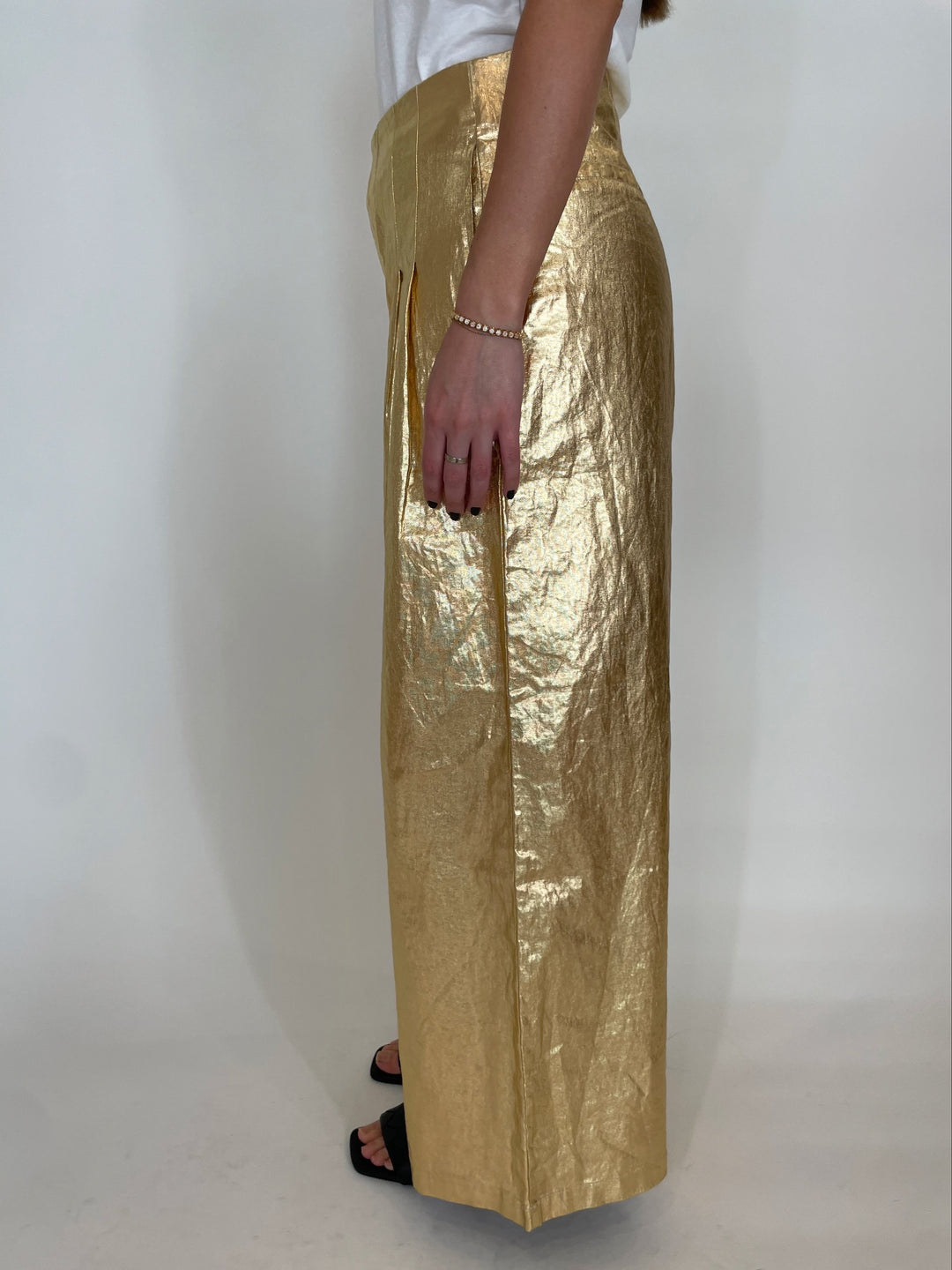 Lanhtropy Foiled Linen Wide Leg Culottes Pants in Gold available at Barbara Katz