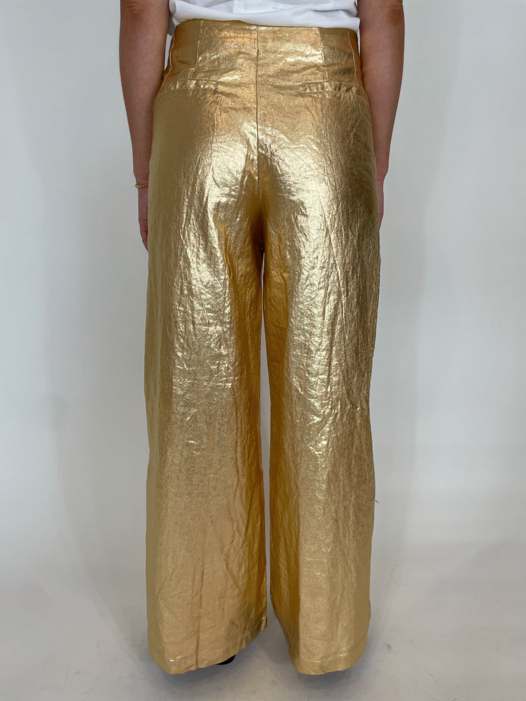 Lanhtropy Foiled Linen Wide Leg Pants in Gold available at Barbara Katz