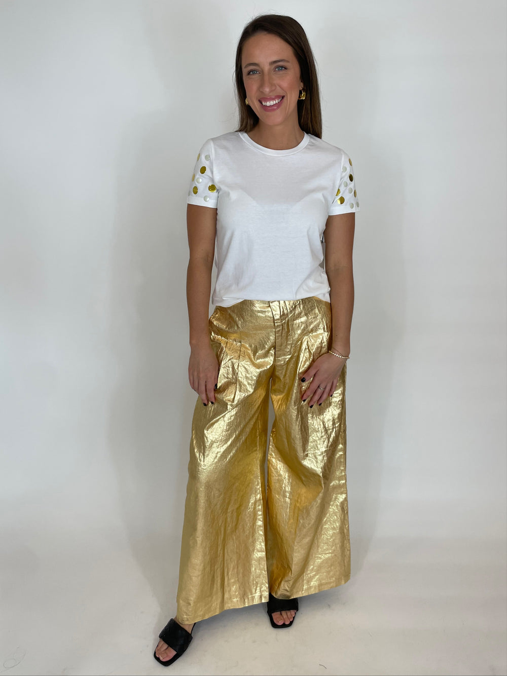 Suzy T Short Sleeve Stud T-Shirt in White/Pearl/Gold paired with Lanhtropy Foiled Linen Culottes in Gold available at Barbara Katz