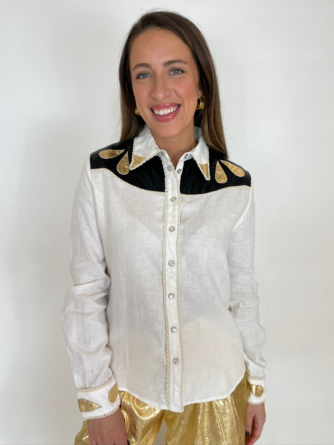 Lanhtropy Far West Linen Shirt in Off White with Metallic Black and Gold available at Barbara Katz