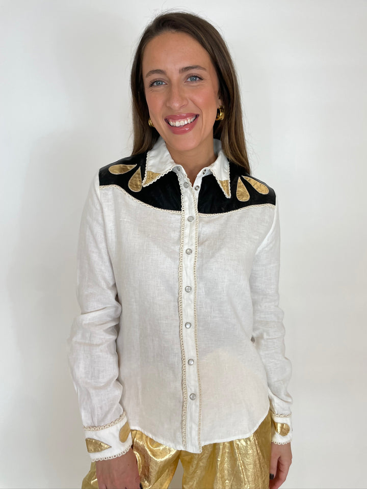 Lanhtropy Far West Linen Shirt in Off White with Metallic Black and Gold available at Barbara Katz