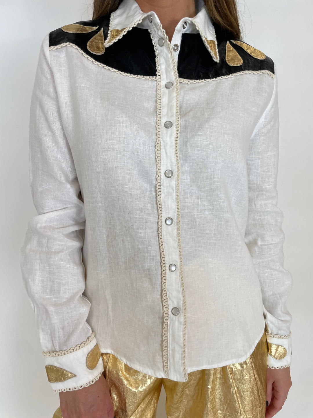 Lanhtropy Far West Linen Button-Down Shirt in Off White with Metallic Black and Gold available at Barbara Katz