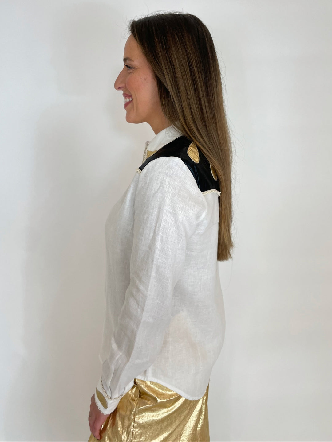 Lanhtropy Far West Linen Long Sleeve Shirt in Off White with Metallic Black and Gold available at Barbara Katz