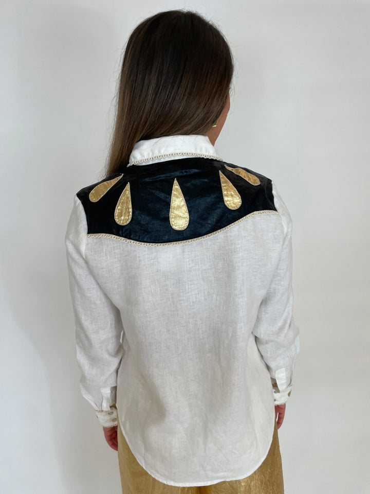 Lanhtropy Far West Linen Shirt in Off White with Metallic Black and Gold available at Barbara Katz