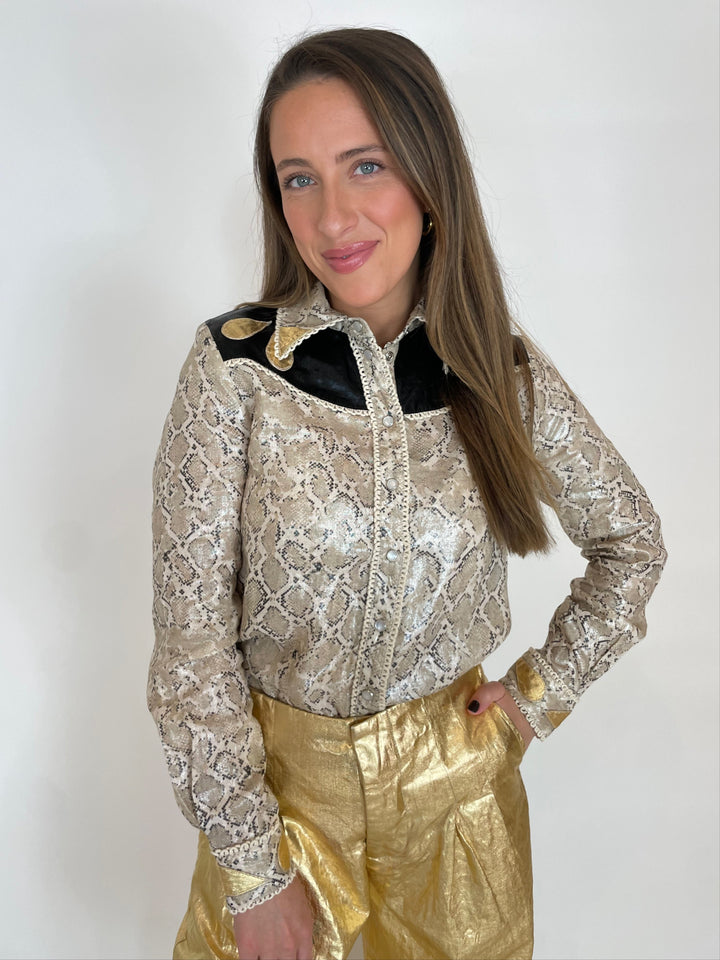 Lanhtropy Far West Linen Shirt in Snake Print with Metallic Black and Gold available at Barbara Katz