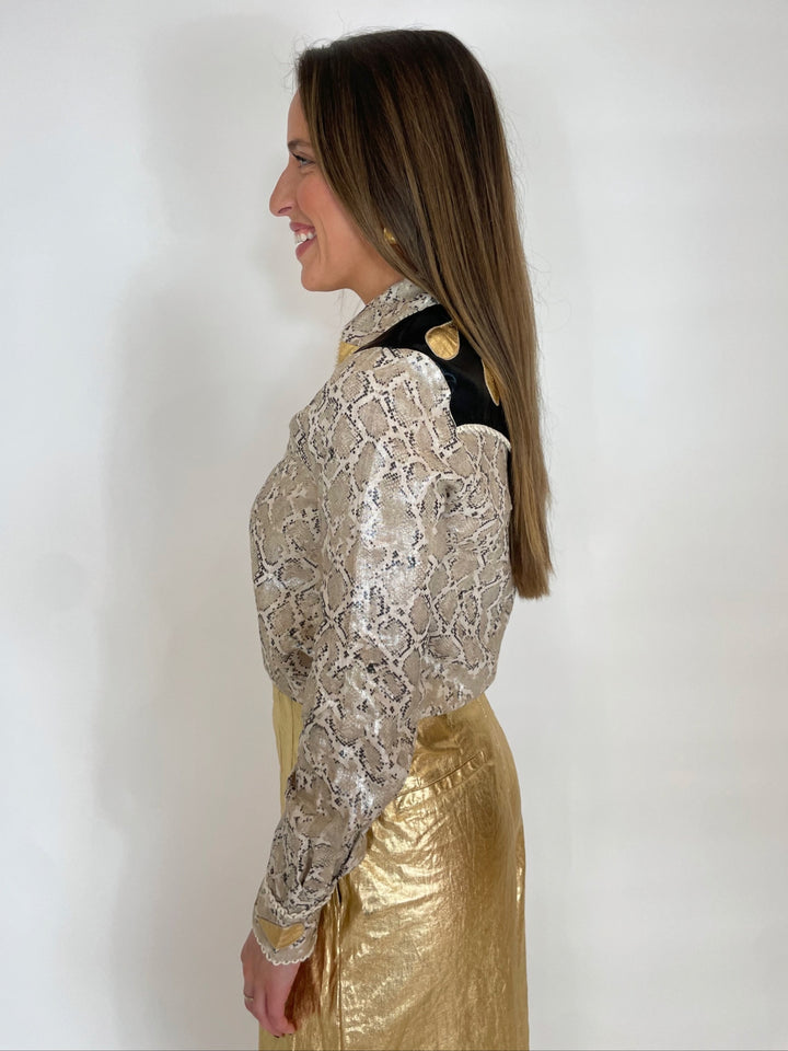 Lanhtropy Far West Linen Long Sleeve Shirt in Snake Print with Metallic Black and Gold available at Barbara Katz