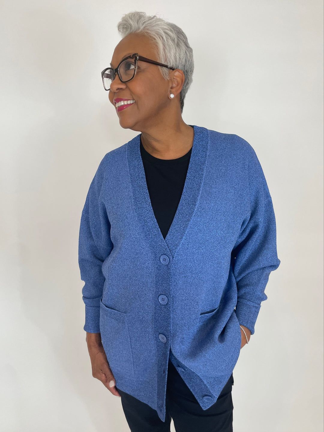 Lanhtropy Aspen Lurex Cardigan in Lanh Blue available at Barbara Katz