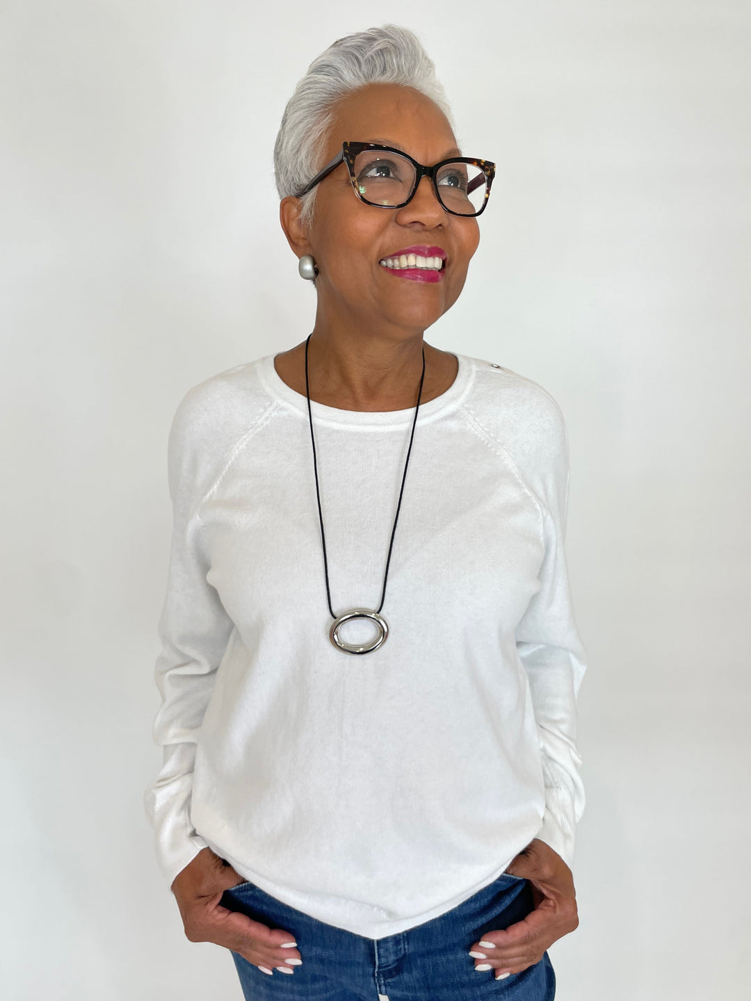 J Society Eve Grommet Sweater in White with Pono Lea Barile Earrings in Silver, Ben-Amun Adobe Cord Necklace With Oval Pendant in Silver available at Barbara Katz