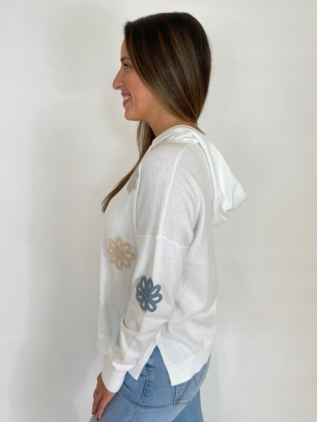 J Society Zami Pastel Flower Long Sleeve Hoodie in White available at Barbara Katz