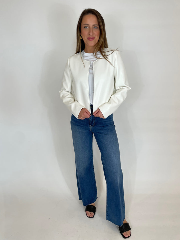 J Society Alexia Jacket in White paired with Frame Le Slim Palazzo Raw After Jeans in Lupine available at Barbara Katz