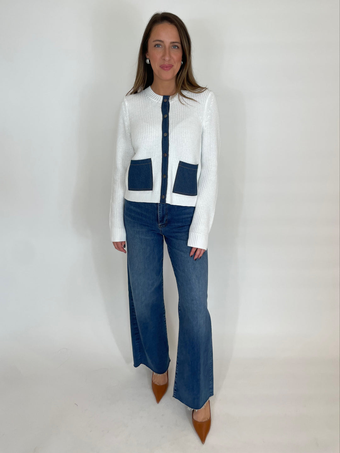 J Society Lydia Rib Cardigan With Pocket in White paired with Frame Denim available at Barbara Katz