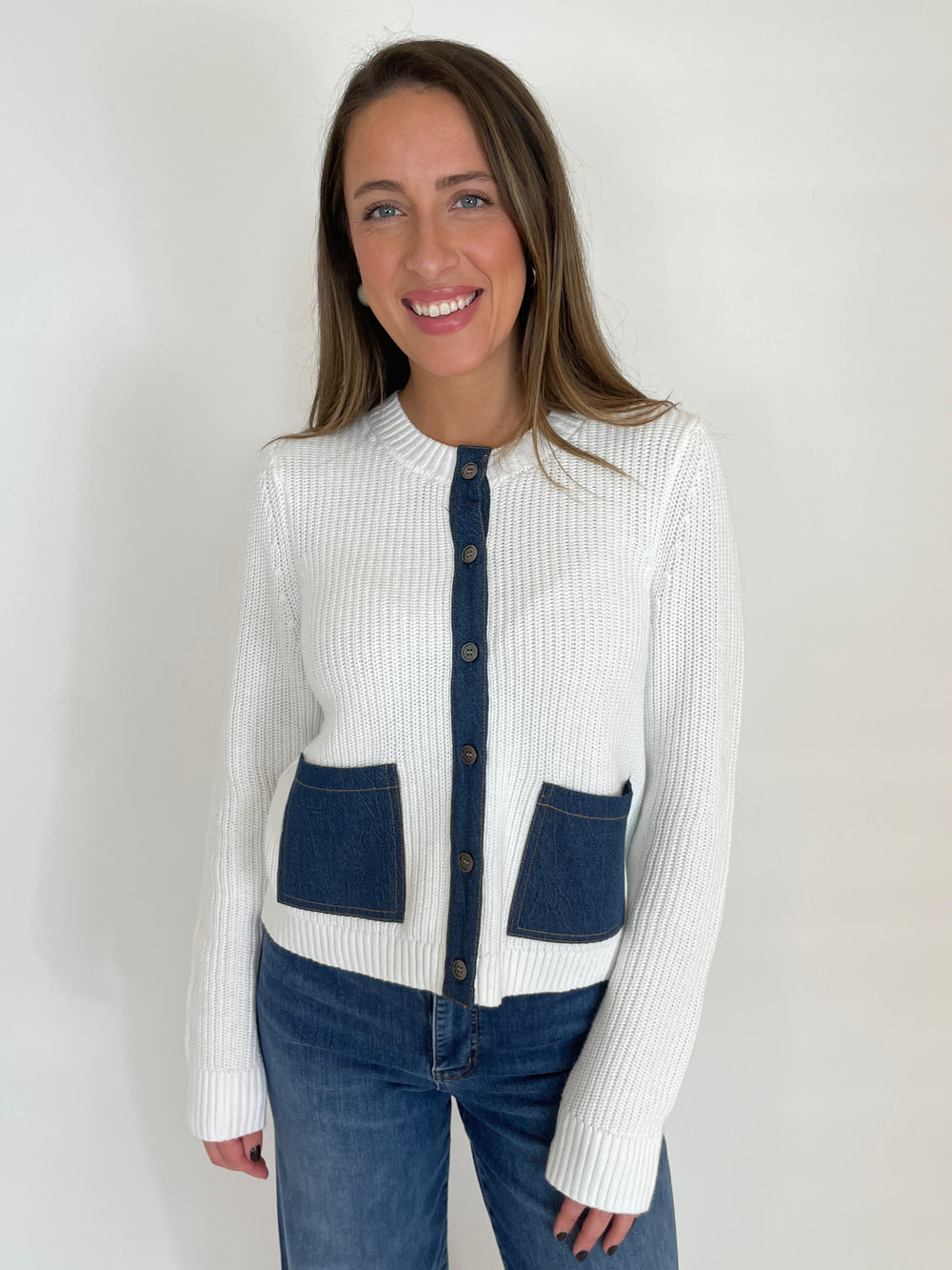 J Society Lydia Rib Cardigan With Pocket in White available at Barbara Katz