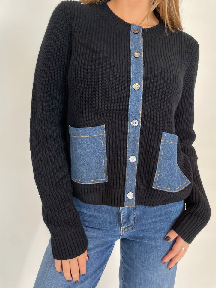 J Society Lydia Rib Cardigan in White With Denim Patch Pockets available at Barbara Katz