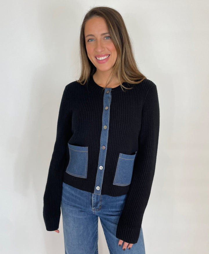 J Society Lydia Rib Cardigan With Pocket in Black available at Barbara Katz