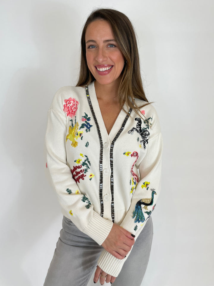 Cinq a Sept Patch Animal Nyla Cardigan in Ivory available at Barbara Katz